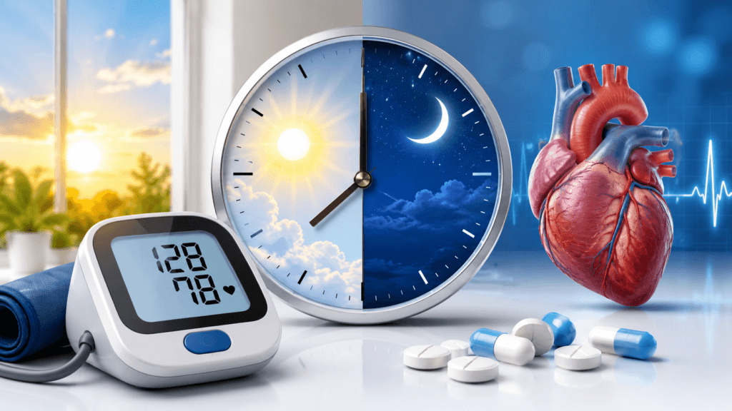 Morning vs Evening BP Medicine comparison showing a clock, blood pressure monitor, and medication tablets