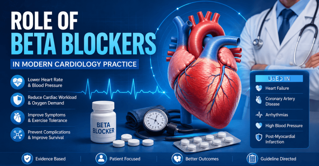 Role of Beta Blockers in Modern Cardiology Practice infographic showing heart, ECG, and beta blocker medications